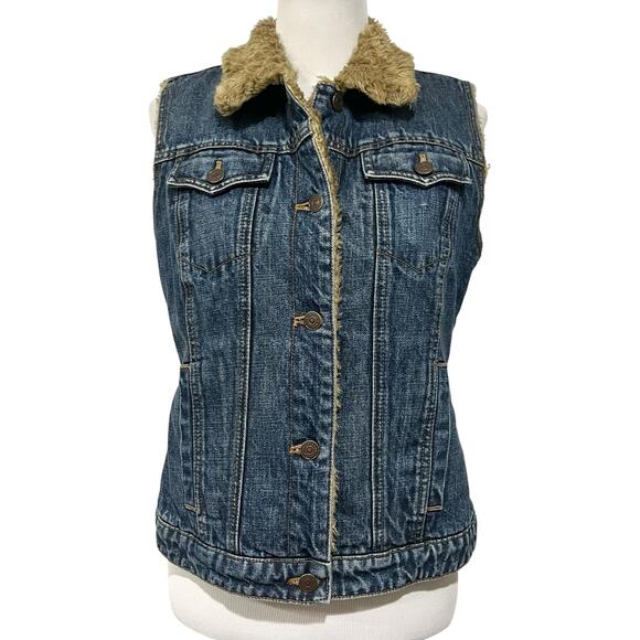 Vintage Gap Women’s Denim Vest with Faux Fur Tan Lining Blue Jean Y2K Sz Medium - Picture 1 of 9
